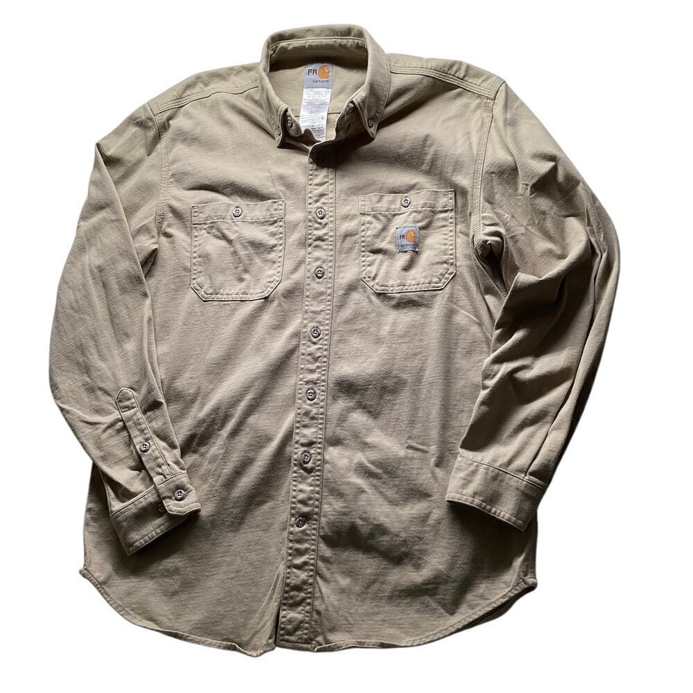 Carhart fire resistant button down lightweight twill shirt tan sz Medium